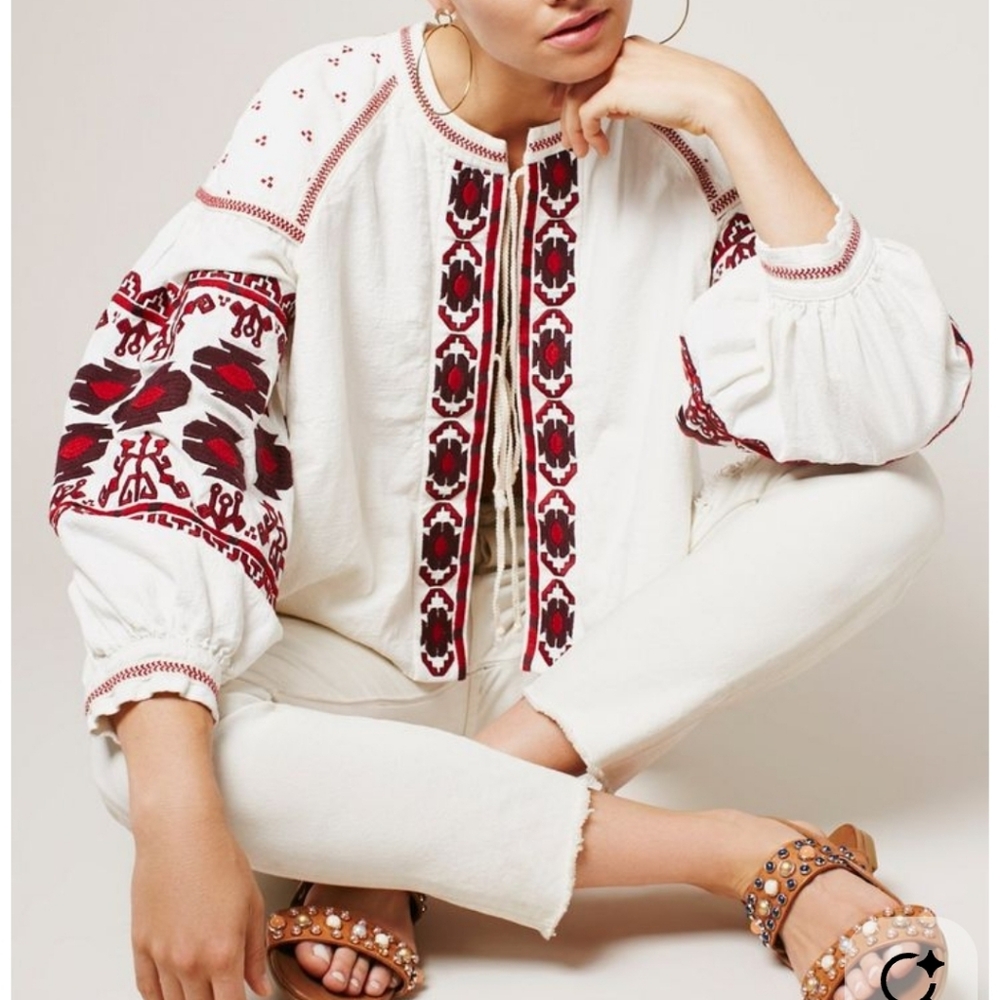 Free People White and Red Embroidered Utility Jacket/Size Small